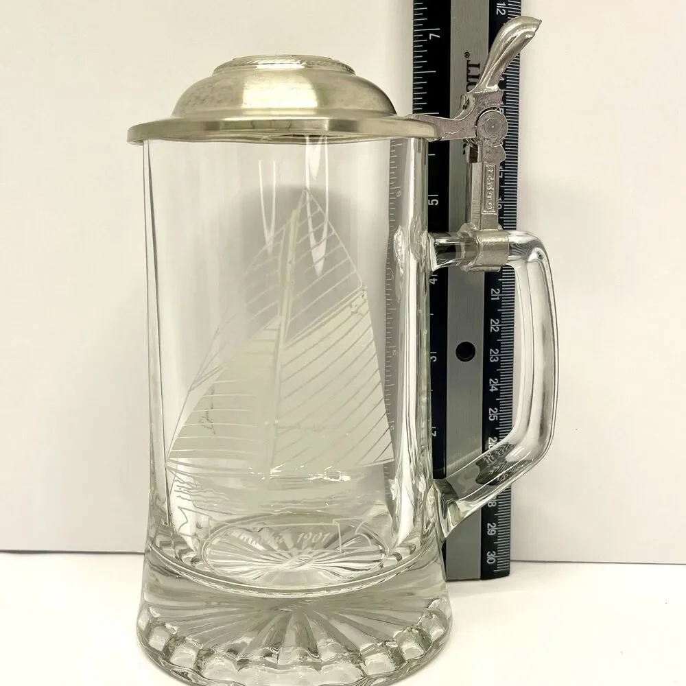 Old Spice Columbia 1901 Beer Stein ALWE Etched Glass Pewter Anchor Lid W Germany